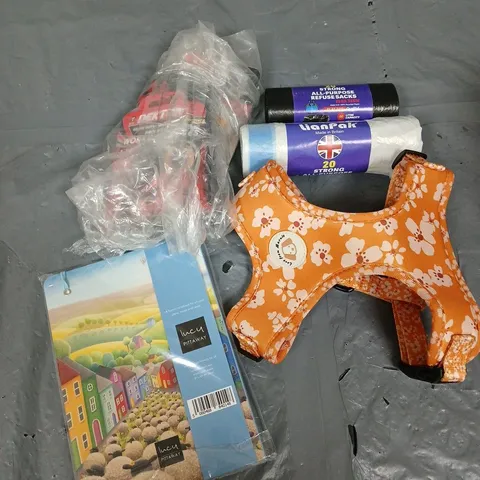 APPROXIMATELY 15 HOUSEHOLD ITEMS TO INCLUDE DOG HARNESS, WORKING GLOVES, NOTEBOOK ETC