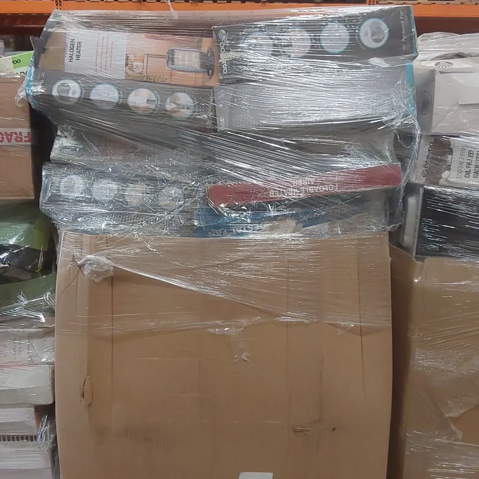 PALLET CONTAINING A VERY LARGE QUANTITY OF ASSORTED ELECTRIC ITEMS INCLUDING: DAEWOO PEDESTAL FAN, FOLDABLE HEATED AIRER, HALOGEN HEATER ECT
