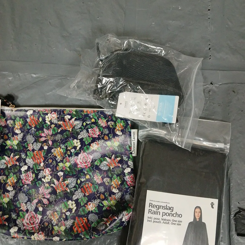 APPROXIMATELY 15 ASSORTED HOUSEHOLD PRODUCTS TO INCLUDE STORAGE BAG, PONCHO, SCALES ETC 