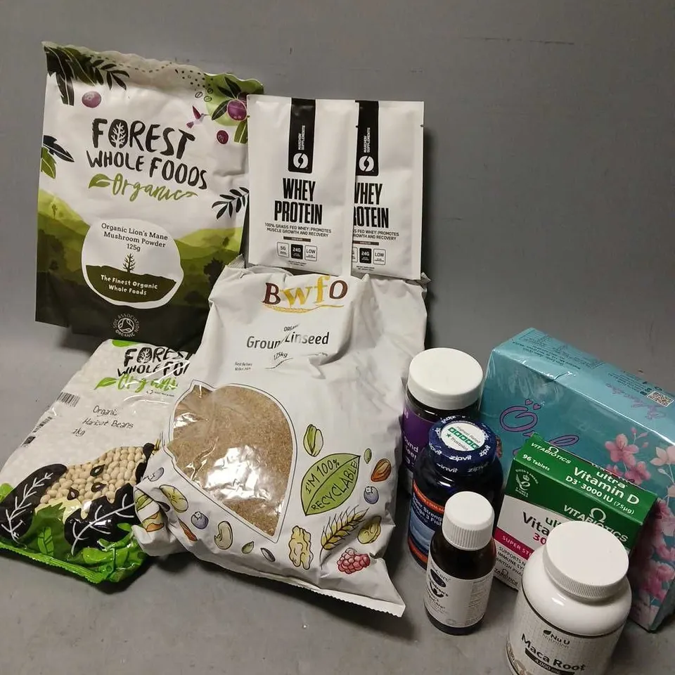 APPROXIMATELY 15 ASSORTED FOOD/DRINK & SUPPLEMENT PRODUCTS TO INCLUDE BWFO GROUND LINSEED (1.25kg), ZIPVIT SUPER STRENGTH FISH OIL (120 CAPSULES), BETTERVITS SOUND AS;EEP GUMMIES (QTY 60), ETC