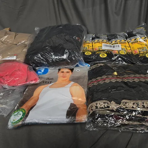 BOX OF ASSORTED CLOTHING ITEMS IN VARIOUS COLOURS, STYLE AND SIZES