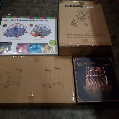 PALLET CONTAINING ASSORTED PRODUCTS INCLUDING STROLLER, 3-IN-1 ACTIVITY GYM N BALL PIT, STAND UP ASSIST & 15PCS KNIFE SET