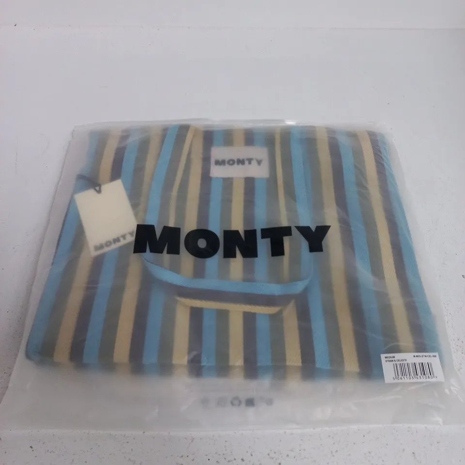 MONTY STRIPED TOTE BAG – MEDIUM STRAW & CELESTE
