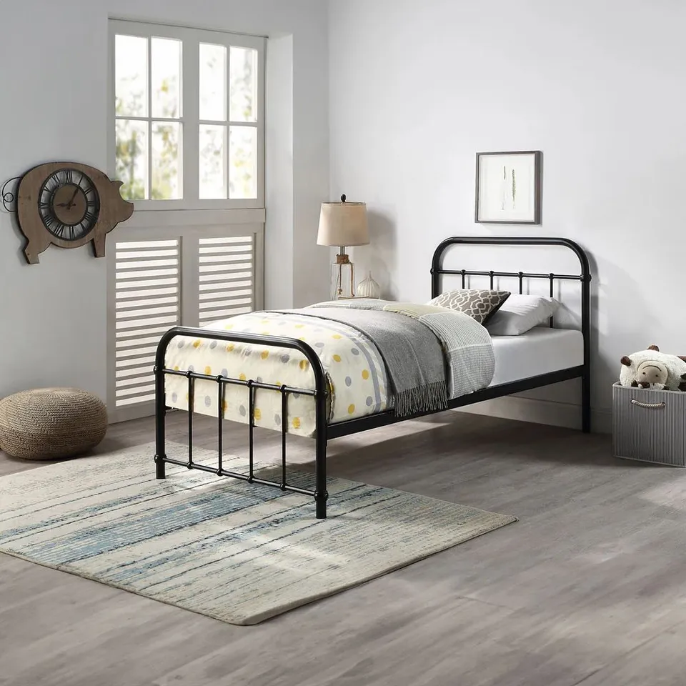 BOXED DESIGNER TEWIN BLACK METAL SINGLE BED - MATTE BLACK (2 BOXES)