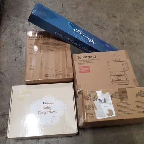 PALLET CONTAINING ASSORTED PRODUCTS INCLUDING BABY PLAY MATS, ELEVATED PET COUCH, MULTIFUNCTIONAL  FOOD PROCESSOR,  BATTERY OPERATED SPA VAC & SMART AIR PURIFIER