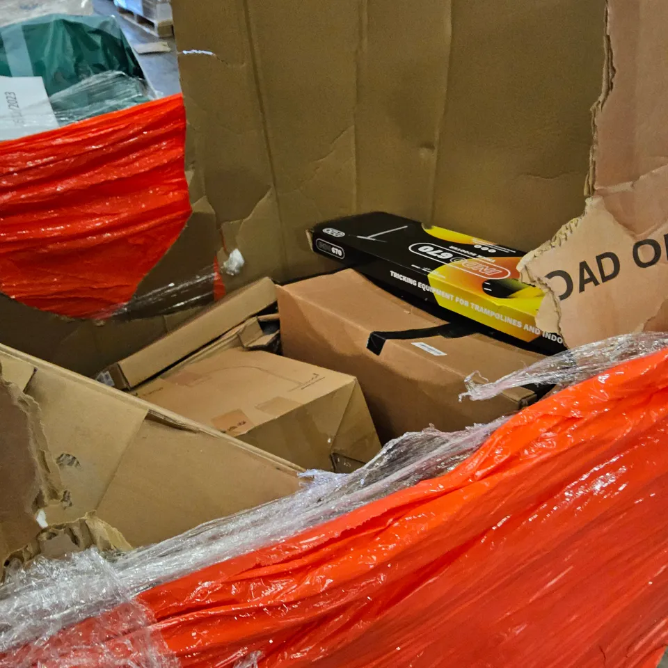 PALLET OF ASSORTED ITEMS, INCLUDING, TRICK SCOOTER, ARC FLOOR LAMP, RETRACTABLE SAFETY GATE, TOILET SEAT.