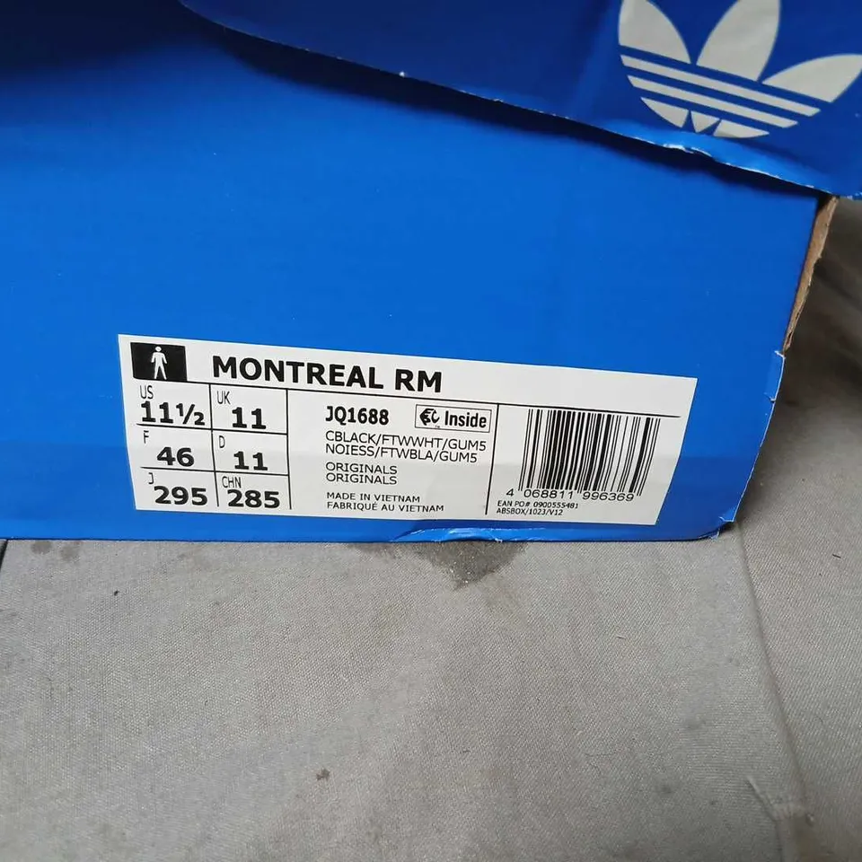 ADIDAS MONTREAL RM TRAINERS – BLACK SUEDE, UK 11 (EU 46) – BOXED