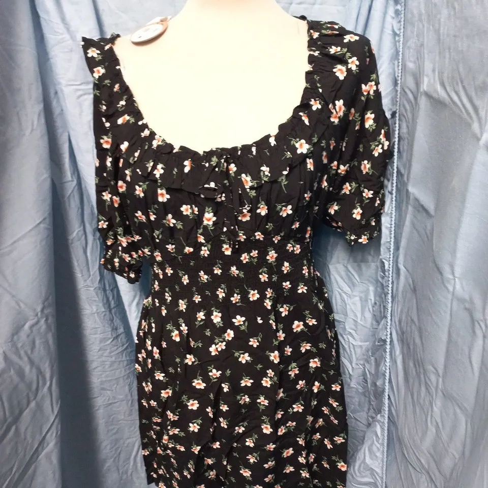 APRICOT FLORAL MILKMAID FRILL MINI DRESS – BLACK, UK SIZE L
