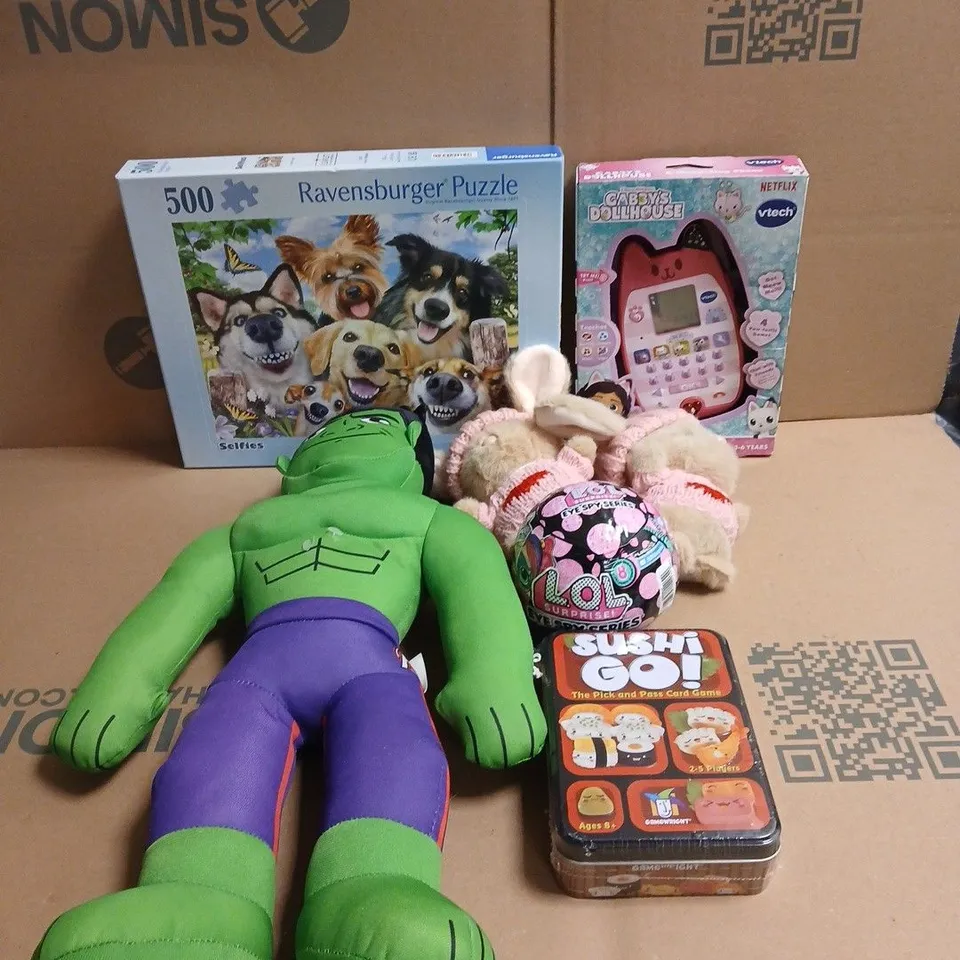 BOX OF APPROXIMATELY 30 ASSORTED TOYS/RELATED ITEMS TO INCLUDE RAVENSBURGER PUZZLE, GABBYS DOLLHOUSE VTECH, SOFT TOYS, LOL SURPISE! EYE SPY SERIES, SUSHI GO! CARD GAME ETC