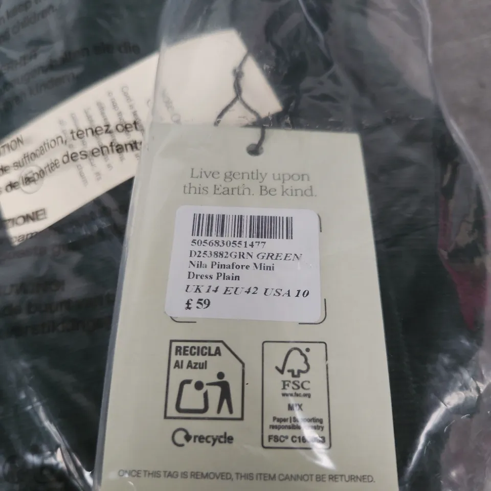 NOBODY'S CHILD NILA PINAFORE MINI DRESS – GREEN, UK 14 (EU 42, US 10)