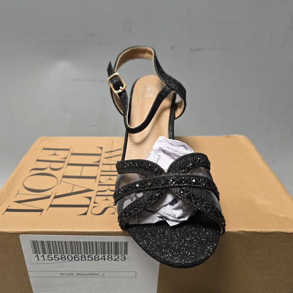 BOXED WHERES THAT FROM BLACK GLITTER HEELS - SIZE 3 