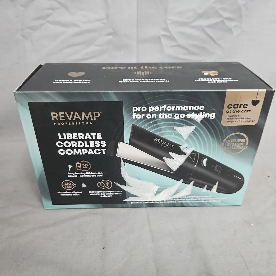 boxed REVAMP PROFESSIONAL LIBERATE CORDLESS COMPACT HAIR STRAIGHTENER