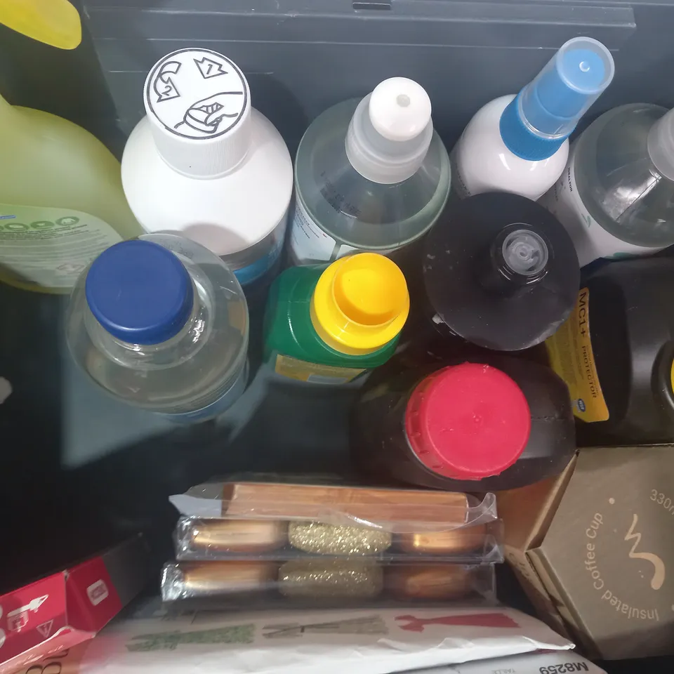 BOX OF APPROXIMATELY 10 ASSORTED HOUSEHOLD ITEMS TO INCLUDE ELBOW GREASE ALL PURPOSE DEGREASER, EVO-STIK WOOD GLUE, MILTON BABY BOTTLE CLEANER, ETC - COLLECTION ONLY
