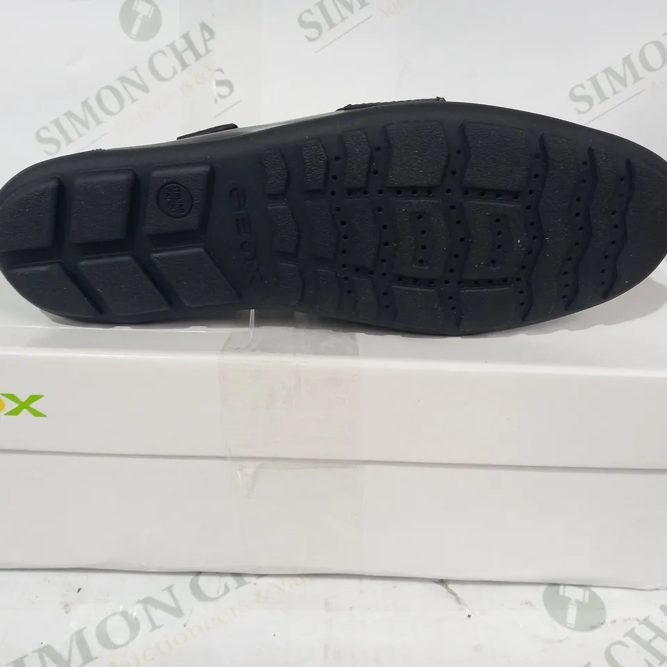 BOXED PAIR OF GEOX SLIP-O SHOES IN BLACK UK SIZE 4