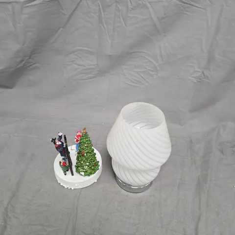 DECORATIVE HOME DECOR SET: CHRISTMAS DIORAMA WITH TREE AND FIGURES, PLUS WHITE SWIRL VASE