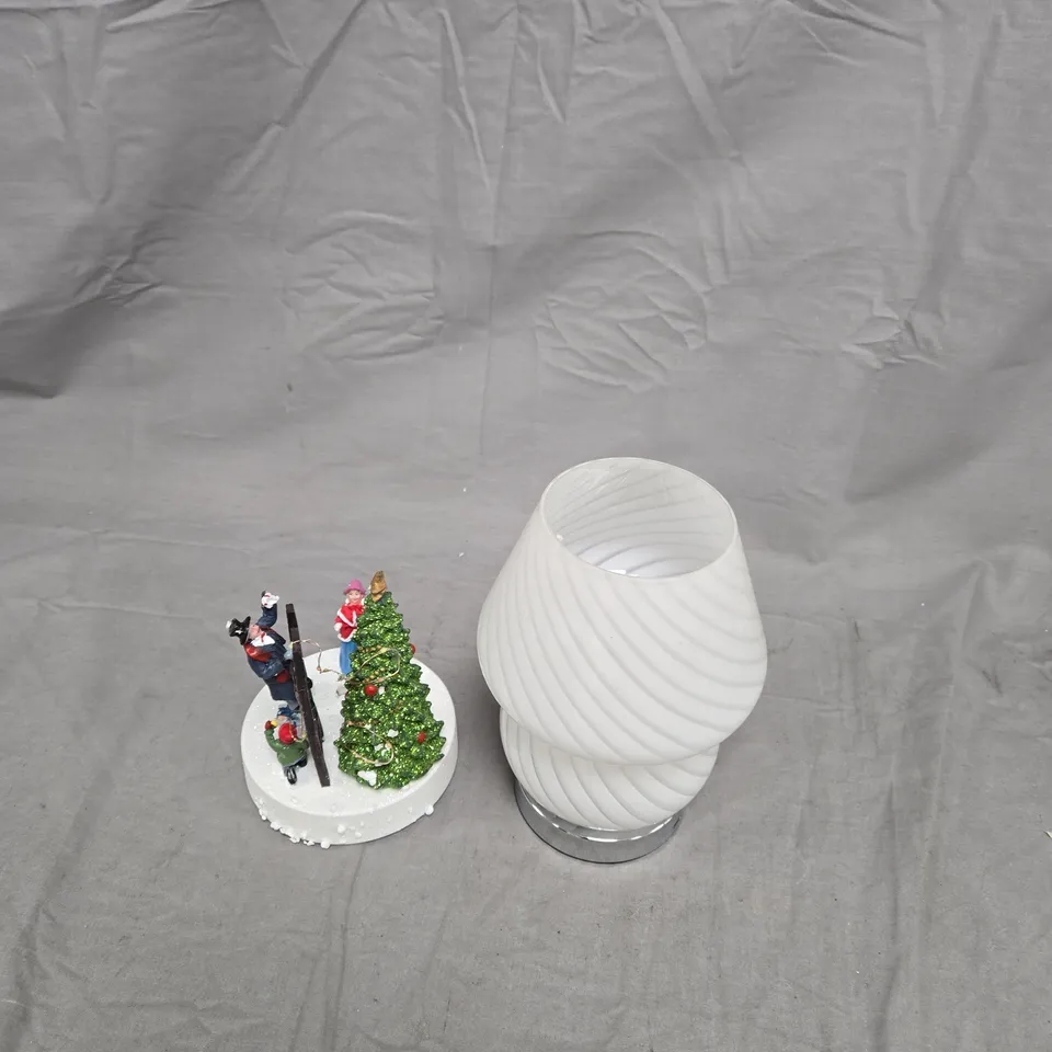 DECORATIVE HOME DECOR SET: CHRISTMAS DIORAMA WITH TREE AND FIGURES, PLUS WHITE SWIRL VASE