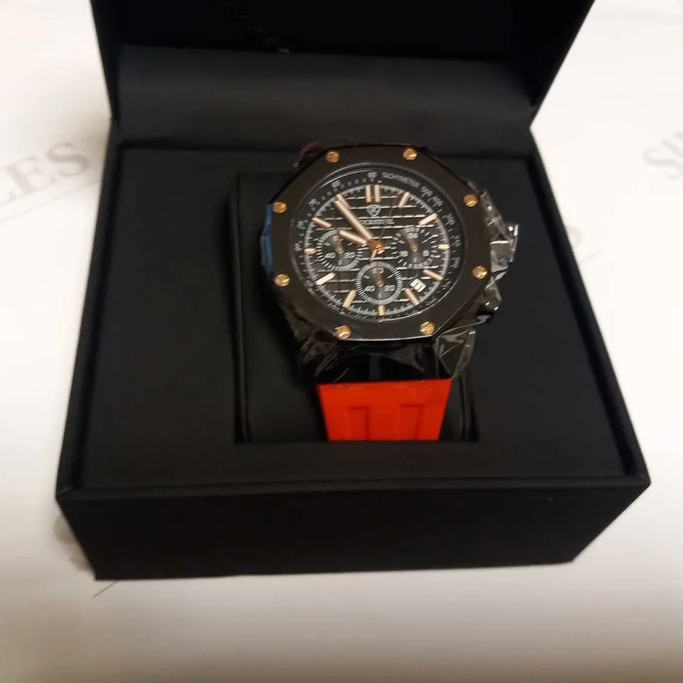 MEN’S RUCKSTUHL CHRONOGRAPH R400 WATCH – SILVER COLOUR CASE – SILVER DIAL – 3ATM WATER RESISTANT – BLUE RUBBER STRAP 