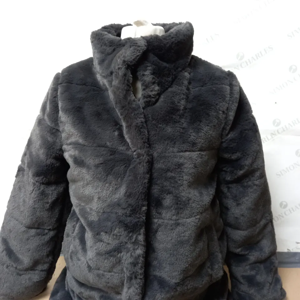 CENTIGRADE LONG LINE FAUX FUR COAT IN SLATE SIZE XS