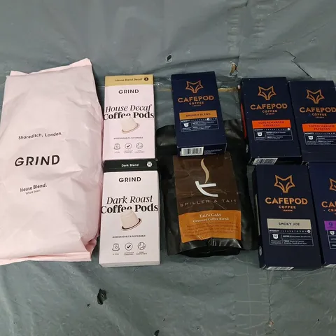 APPROXIMATELY 8 ASSSORTED COFFEE PRODUCTS TO INCLUDE GRIND AND CAFEPOD COFFEE