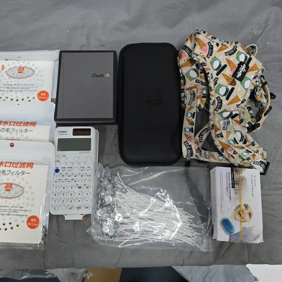LOT OF ASSORTED HOUSEHOLD ITEMS TO INCLUDE NINTENSO SWITCH CASE, COUTTS WALLET AND CALCULATOR