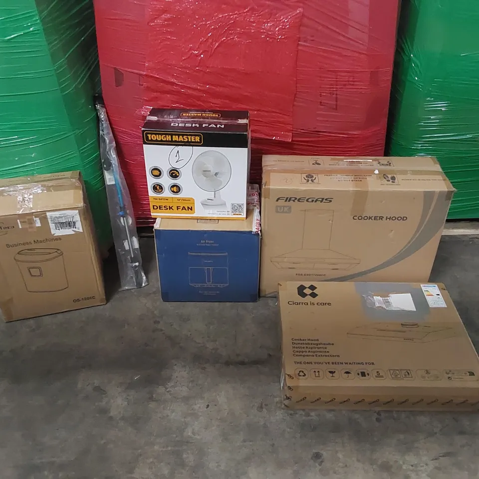 PALLET OF ASSORTED CONSUMER PRODUCTS TO INCLUDE: COOKER HOODS, AIR FRYER, DESK FAN, PAPER SHREDDER, HIKING STICK ECT