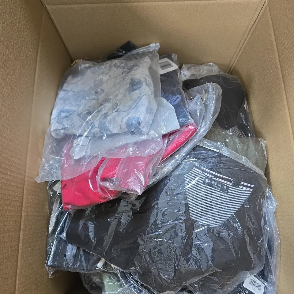 BOX OF APPROXIMATELY 15 ASSORTED CLOTHING ITEMS IN VARIOUS COLOURS, SIZES AND STYLES