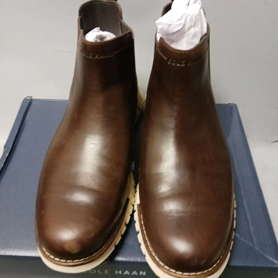 BOXED PAIR OF COLE HAAN CHELSEA BOOTS, DARK COFFEE - UK SIZE 7.5