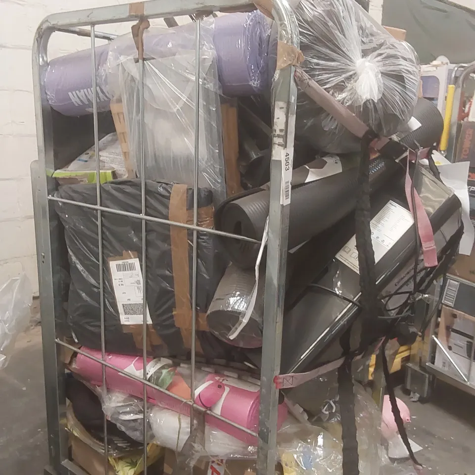 CAGE CONTAINING A LARGE QUANTITY OF ASSORTED ITEMS INCLUDING: YOGA MATS, KEPLIN DEHUMIDIFIER, EXERCISE MATS ECT // CAGE NOT INCLUDED