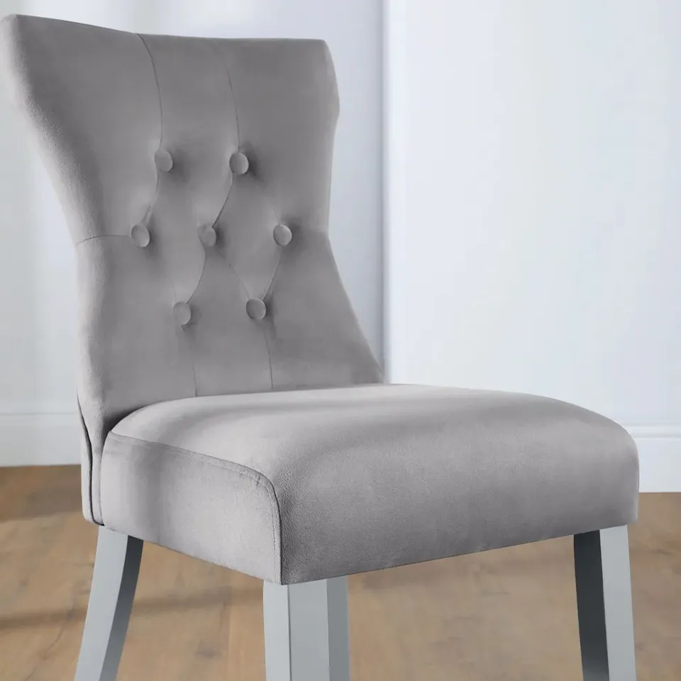 BOXED BEWLEY DINING CHAIR, GREY CLASSIC VELVET & GREY SOLID HARDWOOD 