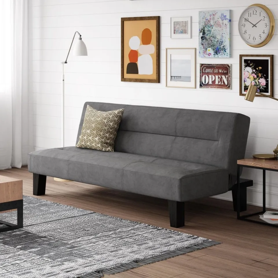 BOXED SOFA BED GREY VELVET KEBO FUTON SOFABED