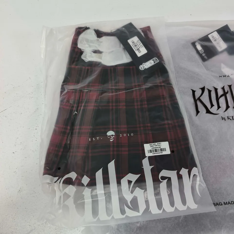 LOT OF APPROXIMATELY 24 BRAND NEW KILLSTAR CLOTHING ITEMS TO INCLUDE FALLING NIGHT COATS AND RED TARTAN SKIRTS - VARIOUS SIZES