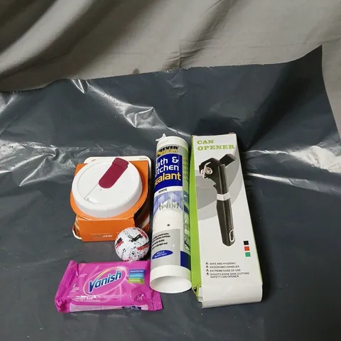 APPROXIMATELY 15 ASSORTED HOUSEHOLD ITEMS TO INCLUDE CAN OPENER, VANISH LAUNDRY BAR, SEALANT, POP CUP ETC