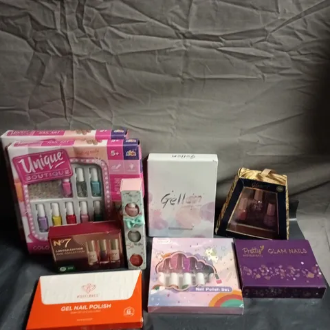BOX OF APPROXIMATELY 9 NAIL VARNISH GIFT SETS TO INCLUDE NO7, GELLEN AND UNIQUE BOUTIQUE