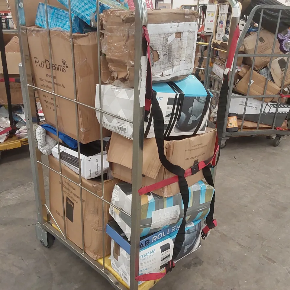 CAGE OF ASSORTED CONSUMER PRODUCTS/FURNITURE PARTS INCLUDING: YOGA MAT, SWIMMING POOL, PET CAR SEATS ECT // CAGE NOT INCLUDED 