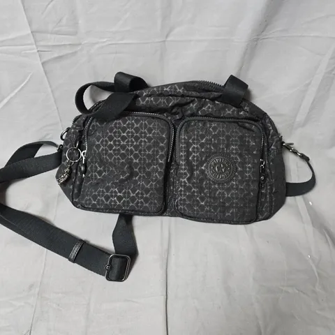KIPLING CROSSBODY BAG – MONOGRAM PATTERN, BLACK/GRAY WITH MONKEY CHARM