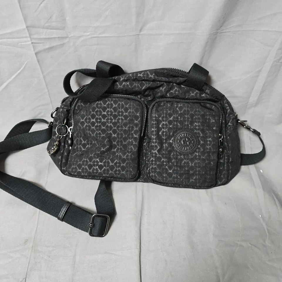 KIPLING CROSSBODY BAG – MONOGRAM PATTERN, BLACK/GRAY WITH MONKEY CHARM