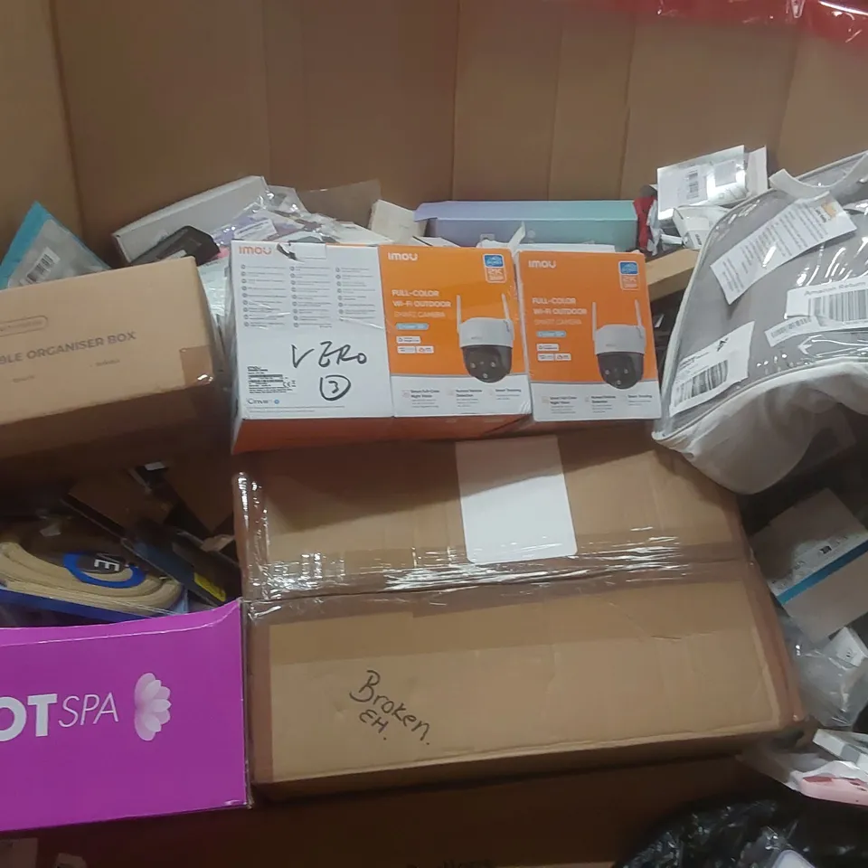 PALLET CONTAINING A LARGE QUANTITY OF ASSORTED ITEMS INCLUDING: IMOU FULL-COLOUR WI-FI OUTDOOR SMART CAMERAS, FOOT SPA, WOODEN CABLE ORGANISER BOX, PHONE CASES ECT