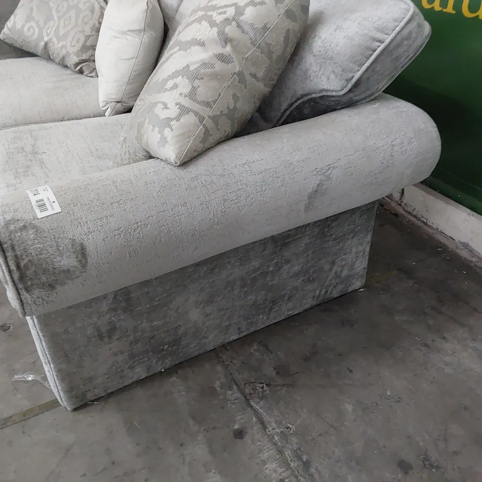 DESIGNER THREE SEATER SCROLL ARM SOFA SILVER FABRIC 