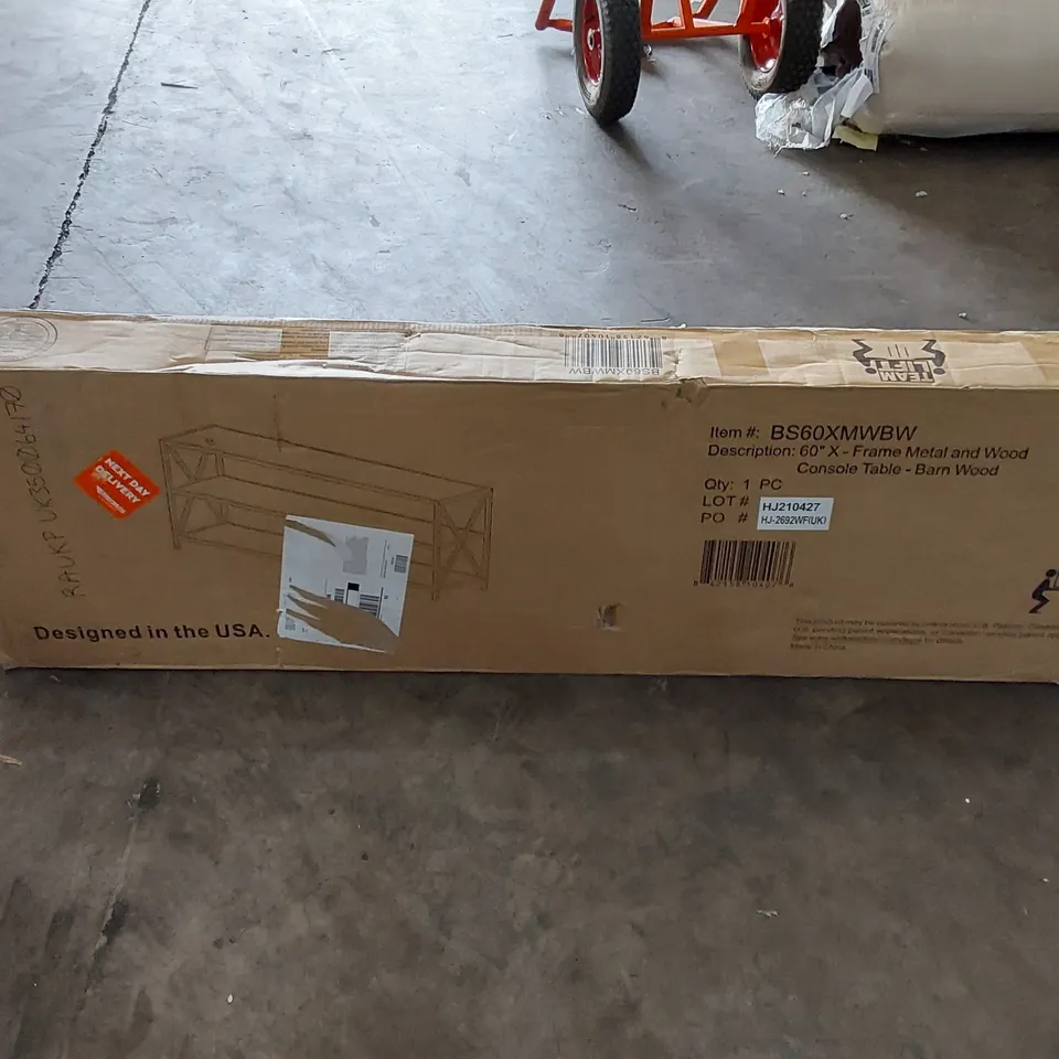 BOXED 60" X-FRAME METAL AND WOOD CONSOLE TABLE (1 BOX)
