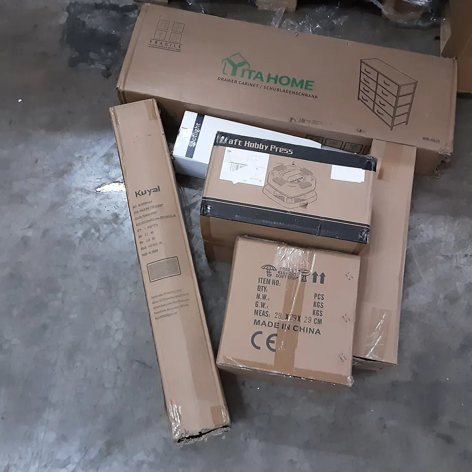 PALLET OF ASSORTED PRODUCTS INCLUDING YITA HOME DRAWER CABINET, CRAFT HOBBY PRESS, KUYAL CHAIR MAT, SPOTLIGHTS, AMAZING FORCE, CRAFT WORK HAND HAMMERED WOK