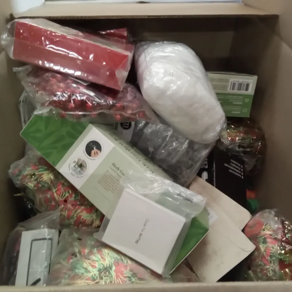 PALLET OF ASSORTED ITEMS INCLUDING HERB GARDEN KIT, WINE STOPPERS, 6 SHATTERPROOF BAUBLES, NOTEBOOK AC ADAPTER, HALLOWEEN NAPKINS, CURTAIN TIEBACKS