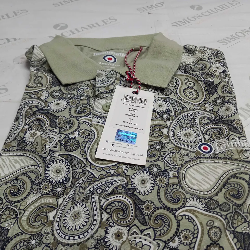 LAMBRETTA PAISLEY BRAND POLO IN DESERT SAGE - LARGE