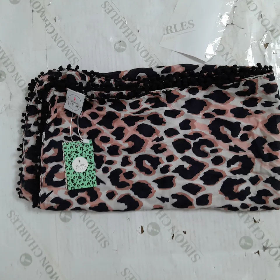 SCAMP & DUDE SUPER SCARF BOBBLE EDGE IN MIXED NEUTRAL WITH BLACK LEOPARD AND LIGHTENING BOLT ONE SIZE