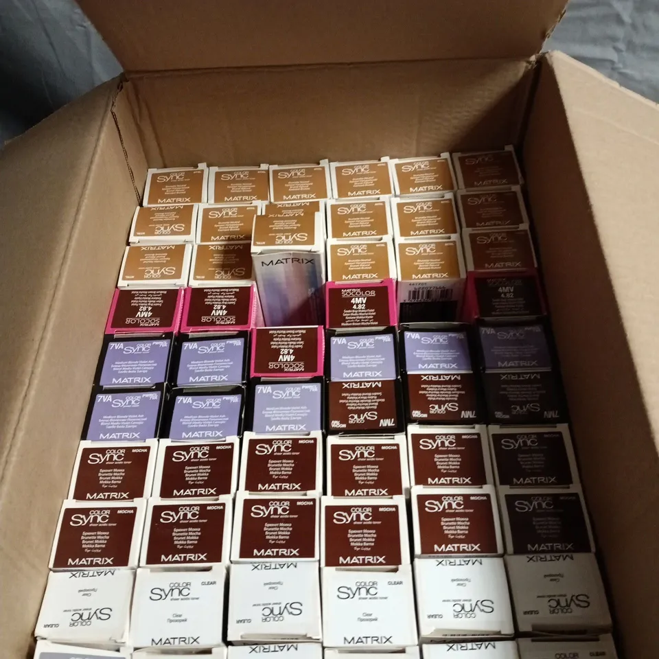 BOX OF APPROXIMATELY 60 MATRIX HAIR CARE PRODUCTS INCLUDING COLOR SYNC MEDIUM BLONDE VIOLET ASH/MOCHA/BRUNETTE ASH/BRUNETTE NEUTRAL AND CLEAR