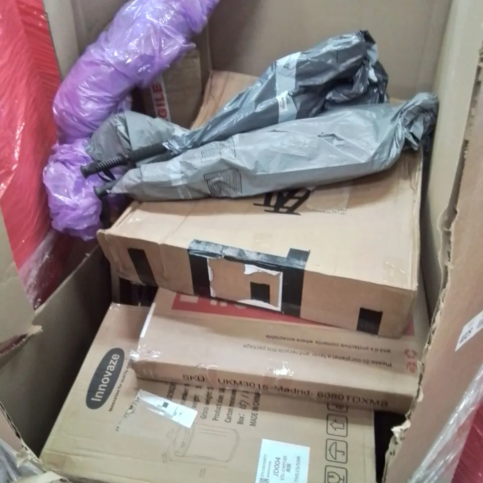 PALLET OF ASSORTED HOUSEHOLD GOODS AND PRODUCTS TO INCLUDE; WOLVERINE CROSS CUT PAPER SHREDDER, OIL FILLED RADIATOR, INDUCTION HOB, BOXED FURNITURE ETC 
