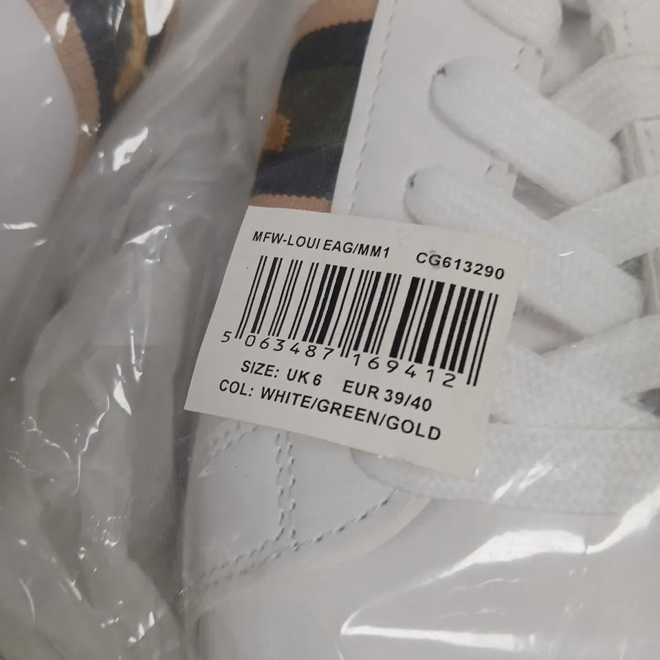 BRAVE SOUL LONDON WHITE SNEAKERS – UK 6 (EU 39/40) – COL: WHITE/GREEN/GOLD