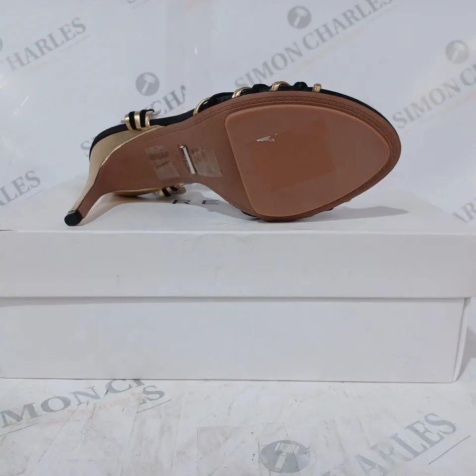BOXED PAIR OF REISS CASSIDY STRAPPY HEELS IN BLACK/GOLD SIZE 5