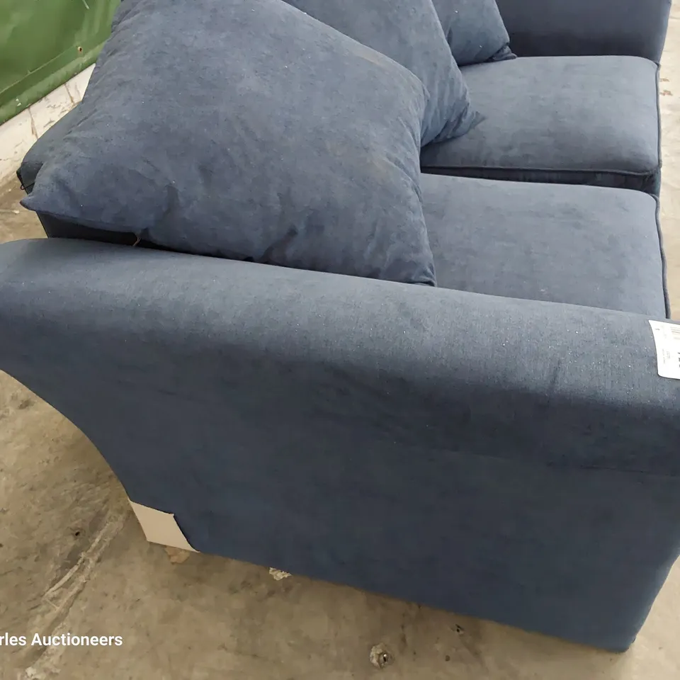 DESIGNER TWO SEATER SOFA WITH SCATTER CUSHIONS BLUE FABRIC 