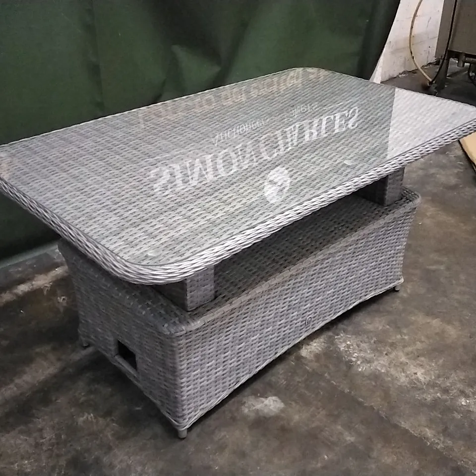 DESIGNER RATTAN EFFECT HEIGHT ADJUSTABLE GARDEN DINING TABLE WITH GLASS TOP 