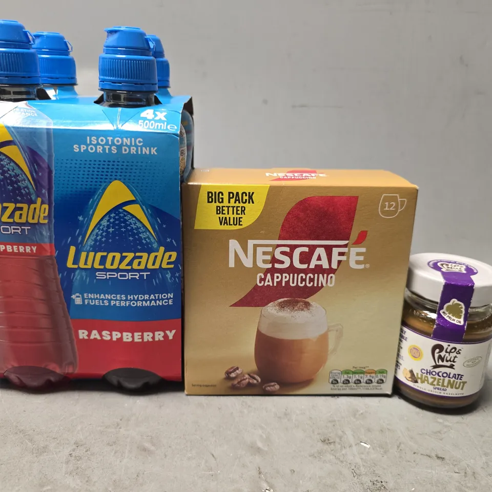 APPROXIMATELY 6 ASSORTED FOOD & DRINK ITEMS TO INCLUDE - LUCOZADE RASPBERRY , CHOCOLATE HAZELNUT , NESCAFE CAPPUCCINO 